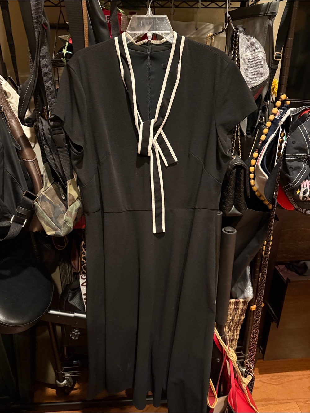 Black Midi Dress with Contrast Tie Neck